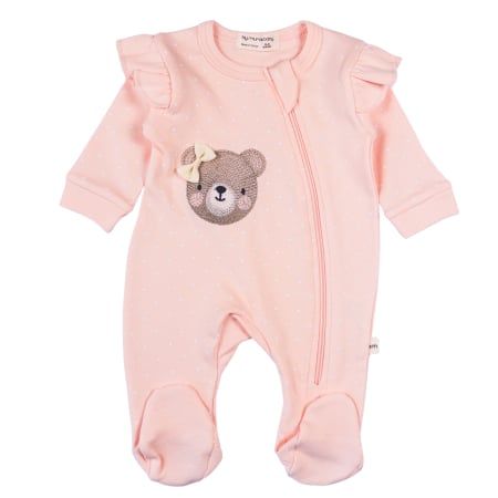 Haine bebelusi fete ❤️ - Salopetă Nou-Născut din Bumbac, Roz cu Buline și Ursuleț Brodat, Volănașe și Fermoar Lateral