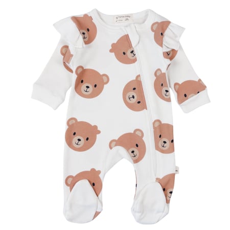 Haine bebelusi fete ❤️ - Salopetă Nou-Născut din Bumbac, Albă cu Imprimeu Ursuleți, Volănașe și Fermoar Lateral