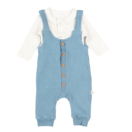 Haine bebelusi baieti ❤️ - Salopetă Texturată Bleu cu Body Guler Polo