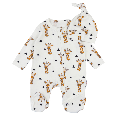 Salopete bebelusi baieti - Salopetă cu Imprimeu Girafă și Căciuliță asortată, Bumbac Alb