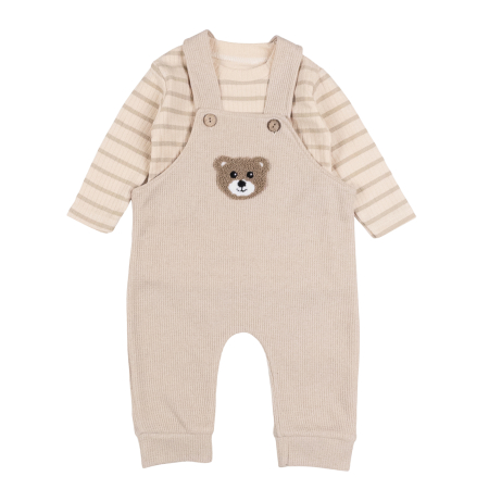 Haine bebelusi baieti - Salopeta  pentru bebelusi, 2 piese, model Ursulet, bej