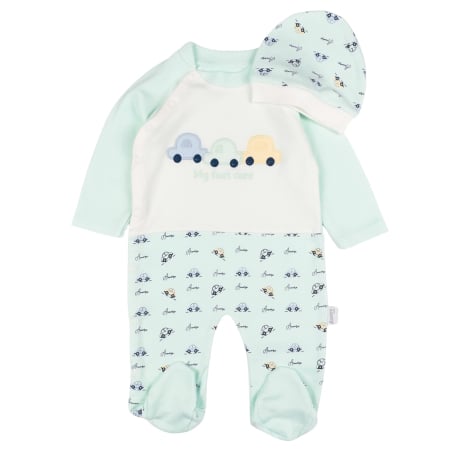 Haine bebelusi baieti - Salopeta pentru bebelusi model cu Masinute, turcoaz