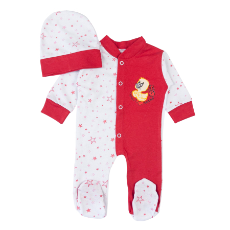 Haine bebelusi fete ❤️ - Set 2 Piese Salopeta pentru  Nou Nascuti, Design Asimetric Rosu-Alb cu Stelute, Imprimeu Ratusca