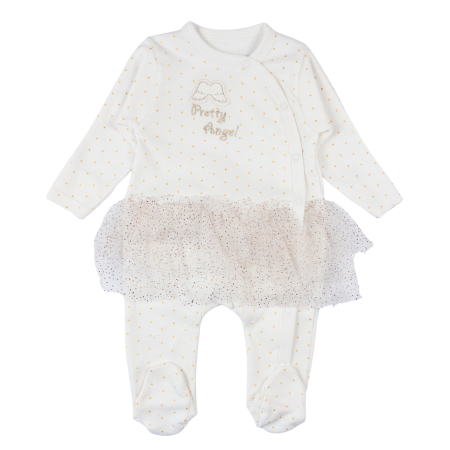 Haine bebelusi fete ❤️ - Salopetă pentru Fetițe cu Tutu din Tulle, Imprimeu Puncte Aurii, Broderie Ingeras