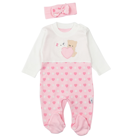 Haine bebelusi fete ❤️ - Salopeta si bentita model cu Inimioare, roz
