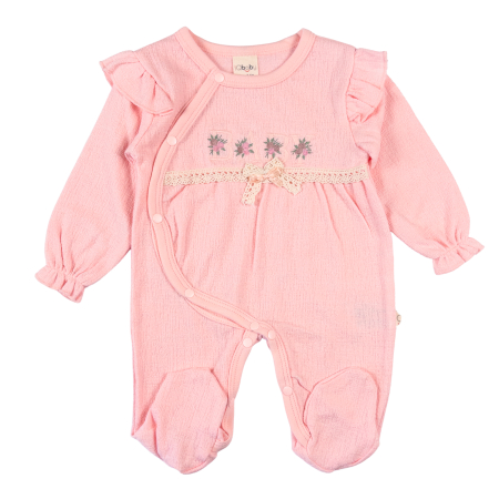 Haine bebelusi fete ❤️ - Salopetă Bebeluşi Fetițe model Rose Garden, Bumbac Texturat cu Volănașe și Dantelă