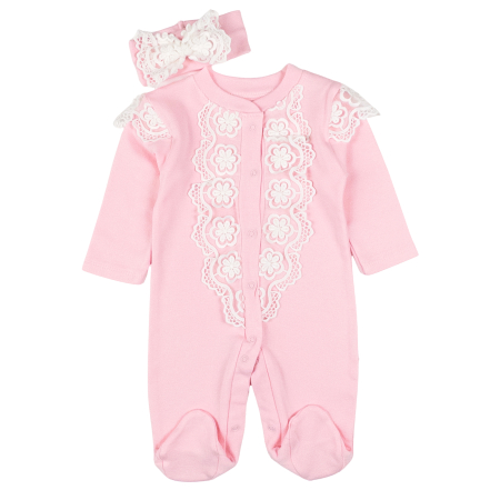 Haine bebelusi fete - Salopeta si bentita model cu dantela, roz