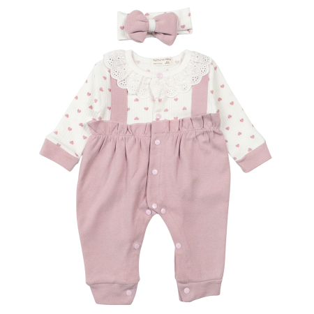 Haine bebelusi fete ❤️ - Salopeta si bentita pentru bebelusi, model cu Dantela si inimioare, Roz Sidef