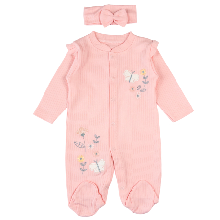 Imbracaminte nou-nascuti ❤️ - Salopeta si bentita pentru bebelusi, model Cu Floricele, Roz Coral
