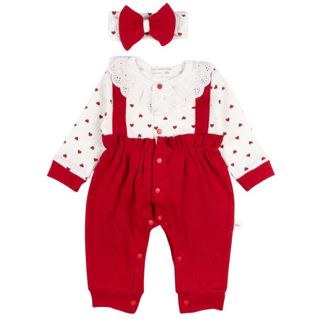 Imbracaminte nou-nascuti - Salopeta si bentita pentru bebelusi, model cu Dantela si inimioare