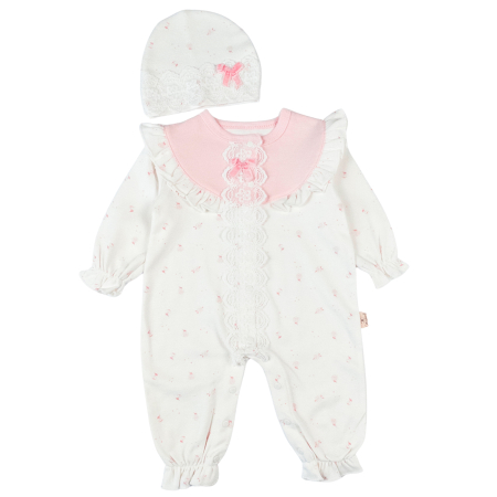 Haine bebelusi fete ❤️ - Salopeta si Bentita pentru fetite, model cu Floricele şi Guler Brodat