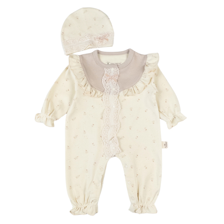 Haine bebelusi fete ❤️ - Salopeta si Bentita pentru fetite, model cu Floricele şi Guler Brodat, Ivoire