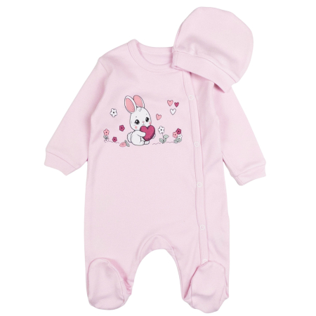 Salopete bebelusi fete - Salopeta si caciulita, model Iepuras, Roz
