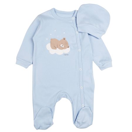 Salopete bebelusi baieti - Salopeta si caciulita, model Ursulet somnoros, albastru