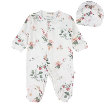 Salopete bebelusi fete - Salopetă cu botoșei și turban, alb, cu imprimeu floral, 0-3 luni