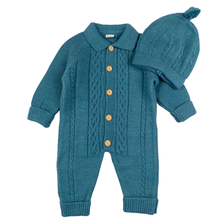 Imbracaminte nou-nascuti - Salopeta si caciulita tricotata pentru bebelusi, safir