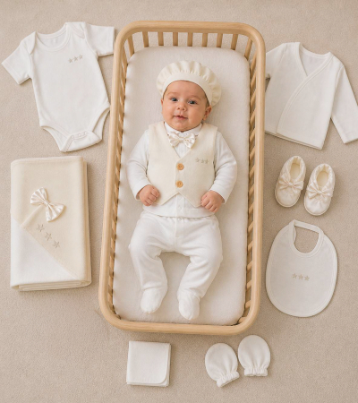 Imbracaminte nou-nascuti ❤️ - Set 10 Piese Nou-Născut Băieței,model Elegant cu Papion și Broderie Steluțe, Alb/Ivory