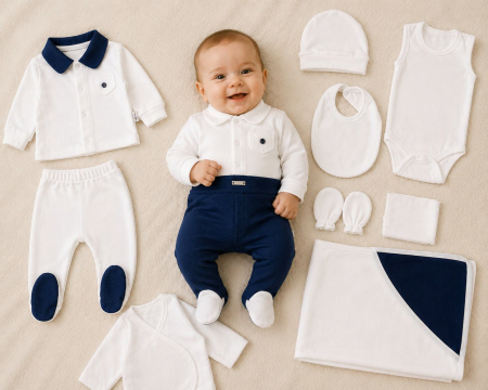 Imbracaminte nou-nascuti ❤️ - Set 10 Piese Nou-Născut Băieți, Micul Gentleman, Alb/Bleumarin