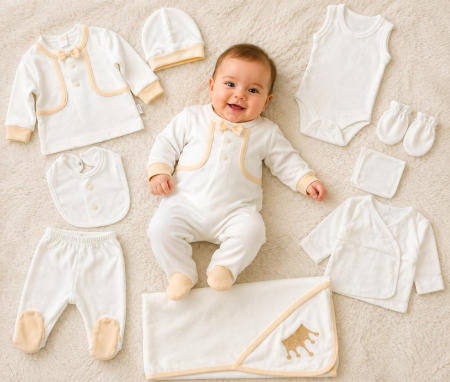 Haine bebelusi baieti ❤️ - Set 10 Piese Nou-Născuți, Alb/ Crem, Golden Royal