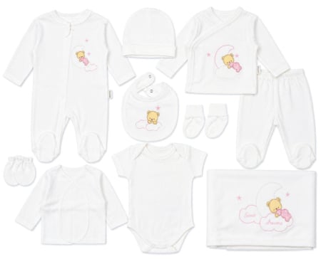 Imbracaminte nou-nascuti ❤️ - Set 10 Piese Nou-Născuți Fetițe, Tema Ursulet, Alb/ Roz