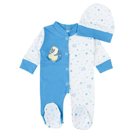 Haine bebelusi fete ❤️ - Set 2 Piese Salopeta pentru Nou Nascuti, Design Asimetric Alb-Albastru cu Stelute, Imprimeu Ratusca