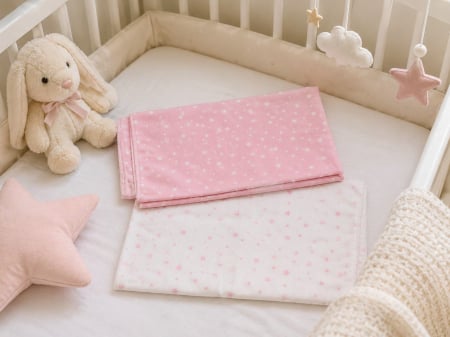 Sosete si botosei - Set 2 scutece din finet, 70x75 cm, model Stelute, roz