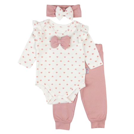 Imbracaminte nou-nascuti - Set 3 piese pentru fetite, model cu inimioare, roz prafuit