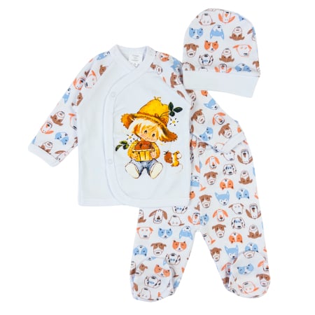 Haine bebelusi baieti ❤️ - Set 3 Piese Nou-Născuți, Bumbac, Design Grădinarul Vesel și Cățeluși