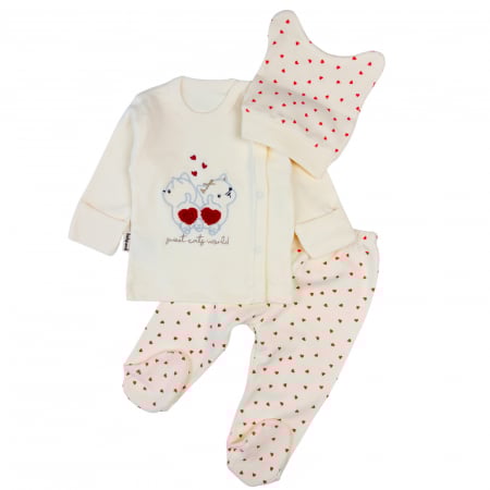 Reduceri - Set 3 Piese pentru Nou Nascuti, Model cu Pisicute, crem