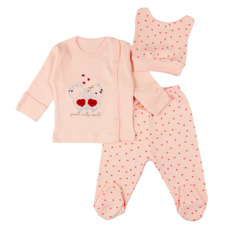 Imbracaminte nou-nascuti ❤️ - Set 3 Piese pentru Nou Nascuti, Model cu Pisicute Coral