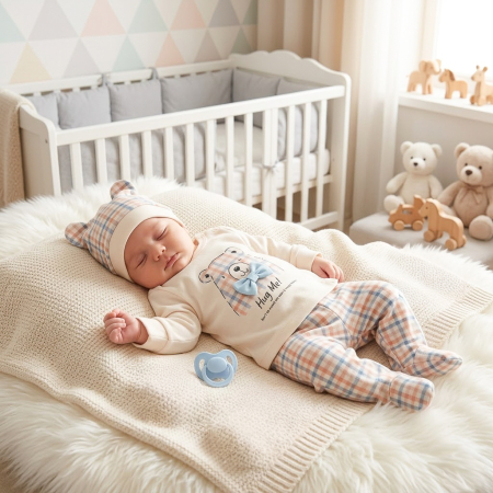 Haine bebelusi baieti ❤️ - Set 3 piese pentru nou nascuti, model în Carouri