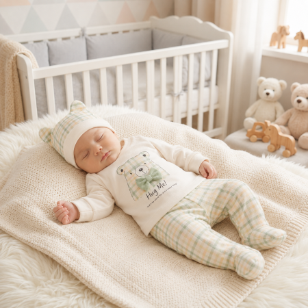 Compleuri bebelusi baieti - Set 3 piese pentru nou nascuti, model în Carouri, Bej/ Verde deschis