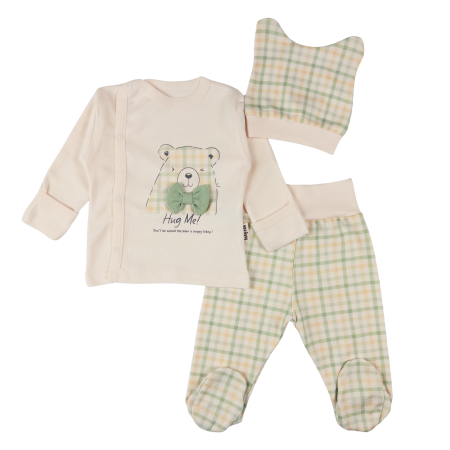 Haine bebelusi baieti ❤️ - Set 3 piese pentru nou nascuti, model în Carouri, Bej/ Verde deschis