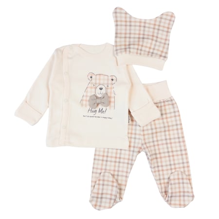 Compleuri bebelusi baieti - Set 3 piese pentru nou nascuti, model în Carouri, Bej
