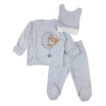 Haine bebelusi baieti ❤️ - Set 3 piese pentru nou nascuti, model Luna Bear Gri
