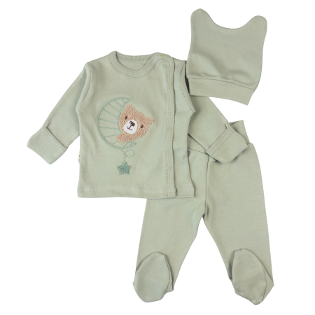 Haine bebelusi baieti ❤️ - Set 3 piese pentru nou nascuti, model Luna Bear Vernil