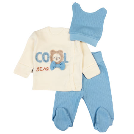 Haine bebelusi baieti - Set 3 piese pentru nou nascuti, Model Ursulet cu fundita, culoare bleu