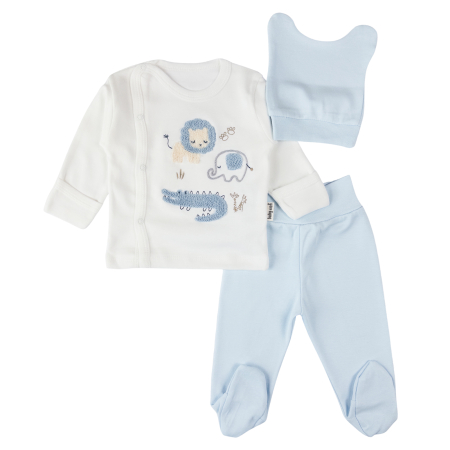Haine bebelusi baieti ❤️ - Set 3 piese pentru nou nascuti, Imprimeu Animăluțe din Junglă, Bleu/ Alb