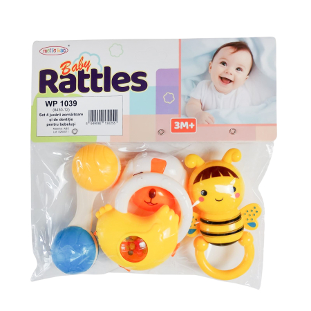 Jucarii zornaitoare - Set 4 jucarii zornaitoare cu forme inovatoare, multicolore, + 3 luni