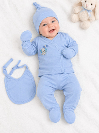Imbracaminte nou-nascuti ❤️ - Set 5 piese albastru pentru nou nascuti, Model Elefantel