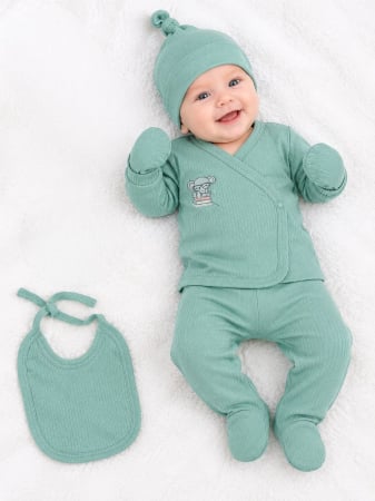 Imbracaminte nou-nascuti ❤️ - Set 5 piese albastru pentru nou nascuti, Model Elefantel, vernil 