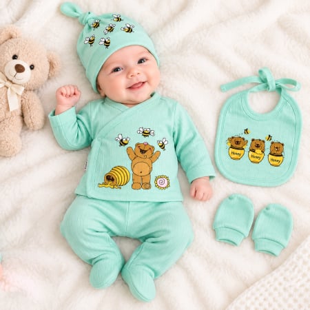 Imbracaminte nou-nascuti ❤️ - Set 5 piese turcoaz pentru nou nascuti, Model Ursuleț cu Miere