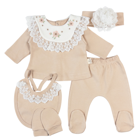 Haine bebelusi fete ❤️ - Set 5 Piese Nou-Născuți Fetițe, Detalii din Dantelă și Broderie, Bej