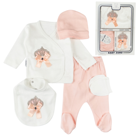 Haine bebelusi fete ❤️ - Set 5 Piese Nou-Născuți, model cu Coroniță și Fundiță