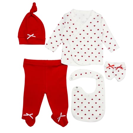 Imbracaminte nou-nascuti ❤️ - Set 5 piese pentru Nou Nascuti fetite, alb-roșu cu inimioare