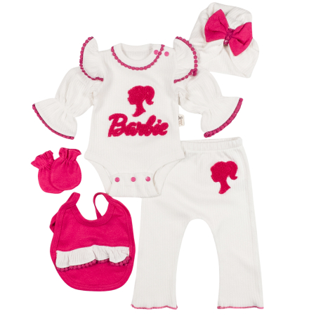 Seturi fetite - Set 5 piese pentru Nou Nascuti fetite, Model BarbieGirl Alb
