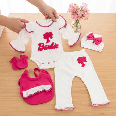 Imbracaminte nou-nascuti - Set 5 piese pentru Nou Nascuti fetite, Model BarbieGirl Alb