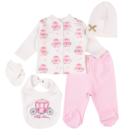 Seturi fetite - Set 5 piese pentru Nou Nascuti fetite, Model Caleasca Regala, Roz