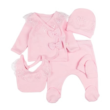 Imbracaminte nou-nascuti - Set 5 piese pentru Nou Nascuti fetite, Model Dantela roz