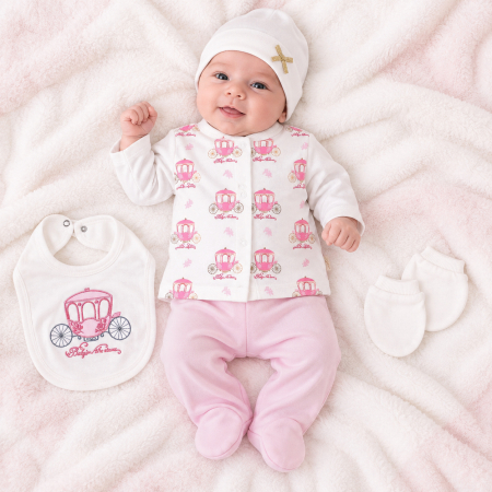 Seturi fetite - Set 5 piese pentru Nou Nascuti fetite, Model Caleasca Regala, Roz